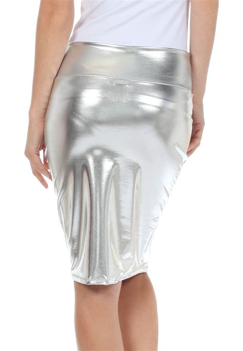 Sakkas Women S Shiny Metallic Liquid High Waist Pencil Skirt