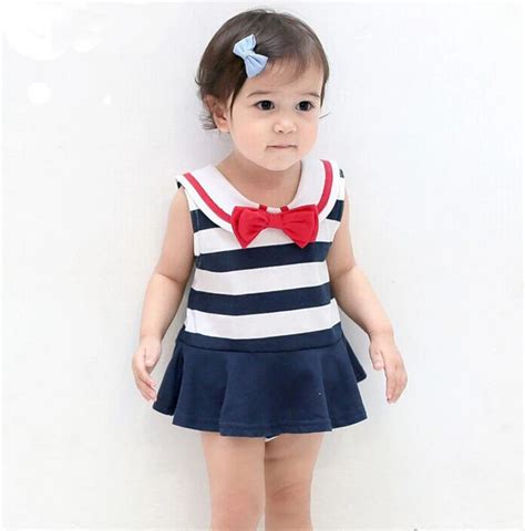 Baby Girls Bodysuits Summer Navy Style Clothes Bowknot Collar Striped