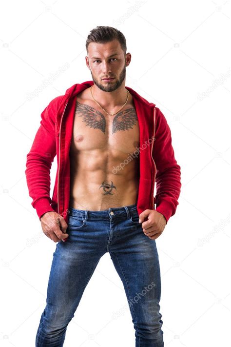 Handsome Half Naked Muscular Man Standing Isolated Stock Photo By