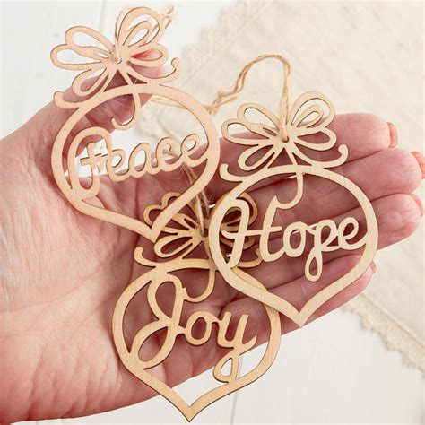 laser cut peace hope and joy wood ornaments wood cutouts wood crafts hobby craft supplies