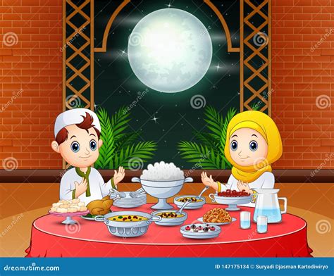 Happy Eid Invitation With Muslim People Preparing Iftar Stock Vector