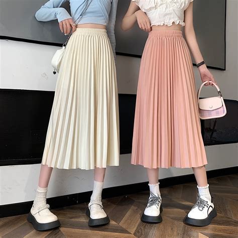 Womens Pleated Skirt High Waist Elastic Aline Women Korean Fashion Outdoor Sex Long Skirts