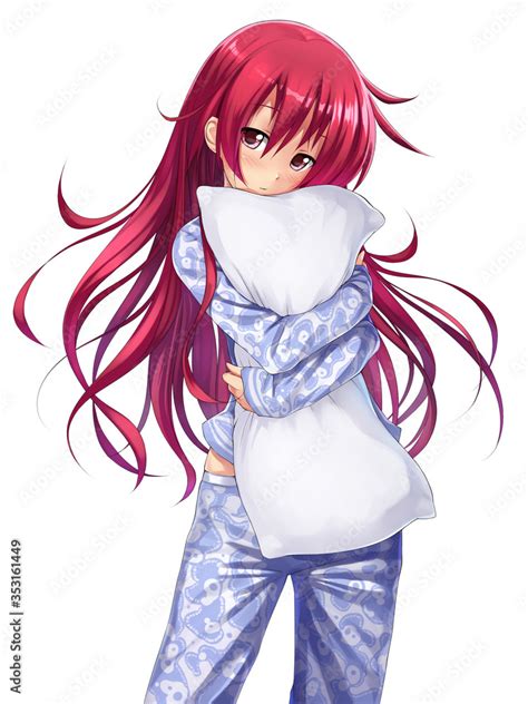 Cute Anime Girl In Pajama Hugging A Pillow Stock イラスト Adobe Stock