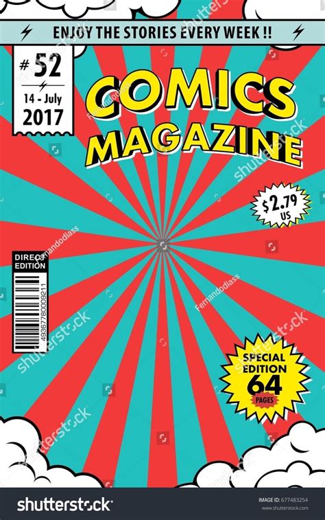 Comic Magazine Cover With Clouds And Sunbursts In The Background Stock