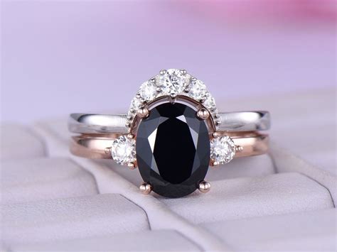 Oval Black Spinel Engagement Ring Sets Moissanite Wedding Band 14k Rose