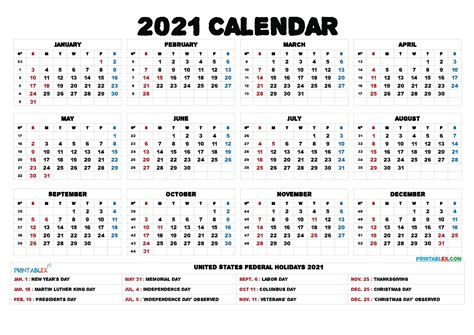 2021 Printable Calendar With Holidays Inside Federal Government