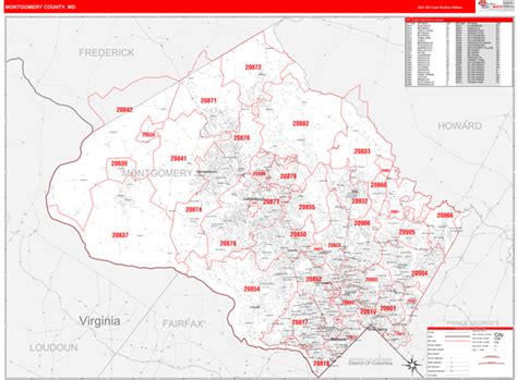 Montgomery County Md Zip Code Wall Map Red Line Style By Marketmaps