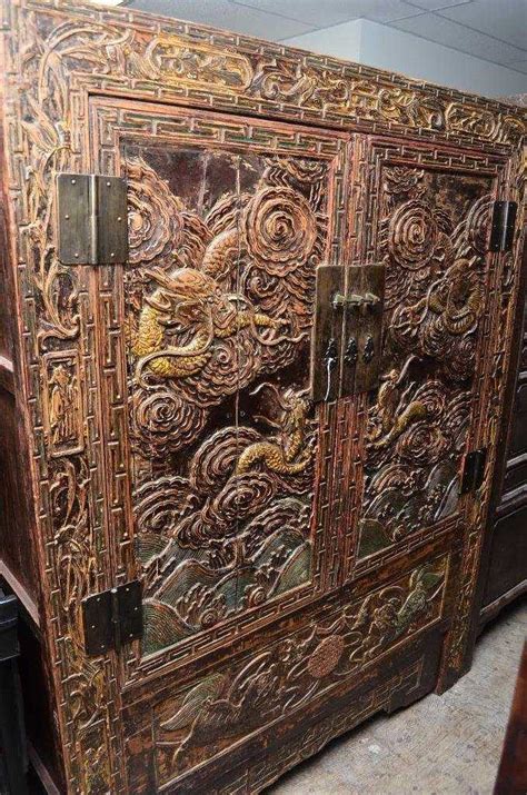 Chinese Antique Carved Wood Cabinet 1819th C