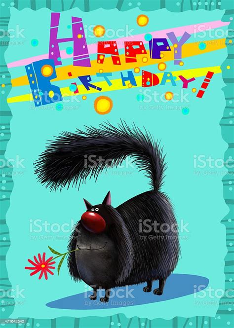 Happy Birthday Card Black Cat With Flower Stock Illustration Download