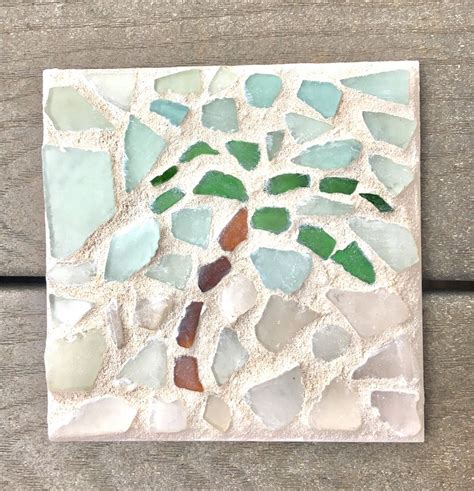 Sea Glass Mosaic Tile Trivet Palm Tree With White Sand And Blue Skies