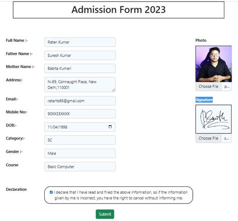 Student Registration Form In Html And Css Using Table