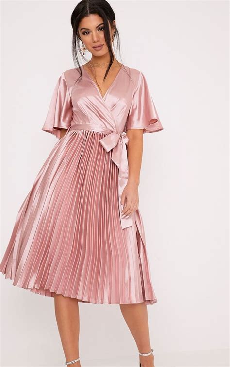 Mairee Dusty Pink Satin Pleated Midi Dress Pleated Satin Dress Dusty Pink Dresses Pleated