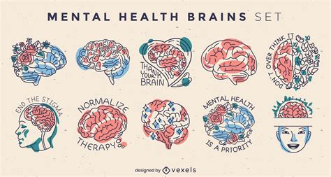 Mental Health Brains Badges Set Vector Download