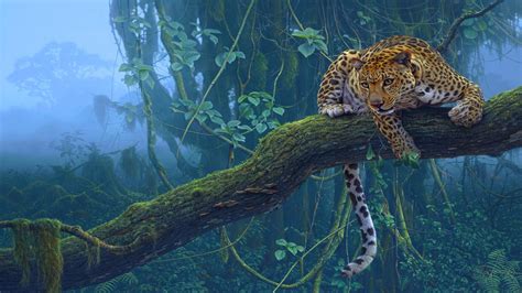 Leopard Lying On Green Tree Branch On Forest Hd Wallpaper Wallpaper Flare