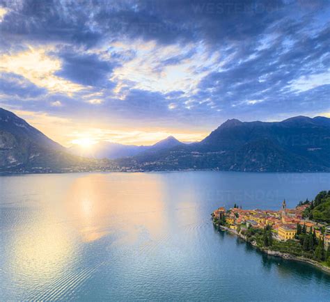 Aerial Panoramic Of Lake Como And Varenna At Sunset Lecco Province