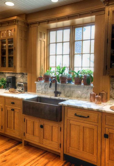 Crafted of poplar and hardwood solids with oak veneers. Mission-style kitchen. | Log home kitchens, Farmhouse ...
