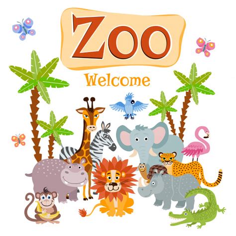 Zoo Illustration With Wild Cartoon Safari Animals Vector
