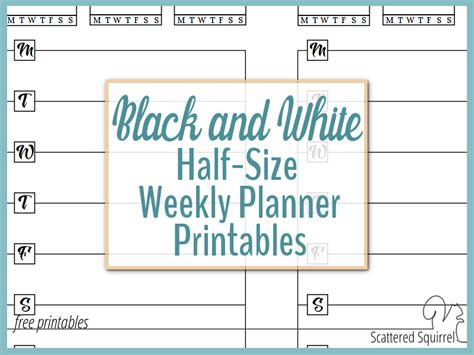 Half Size Black And White Weekly Planner Printables