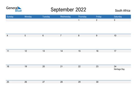 South Africa September 2022 Calendar With Holidays
