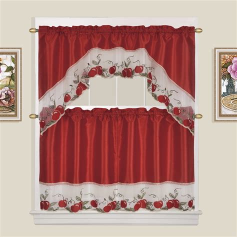 Apples Embroidered 3 Piece Kitchen Curtain Tiers And Swag Set Red Color