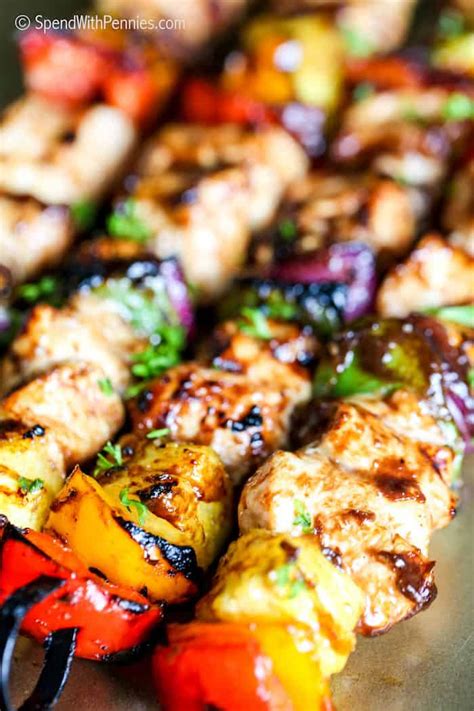 Hawaiian chicken kabobs this recipe for hawaiian chicken kabobs is juicy chicken breast, pineapple and vegetables in a sweet and tangy sauce, threaded onto skewers and grilled to perfection. Pineapple Chicken Kabobs {Easy to Make} - Spend With Pennies