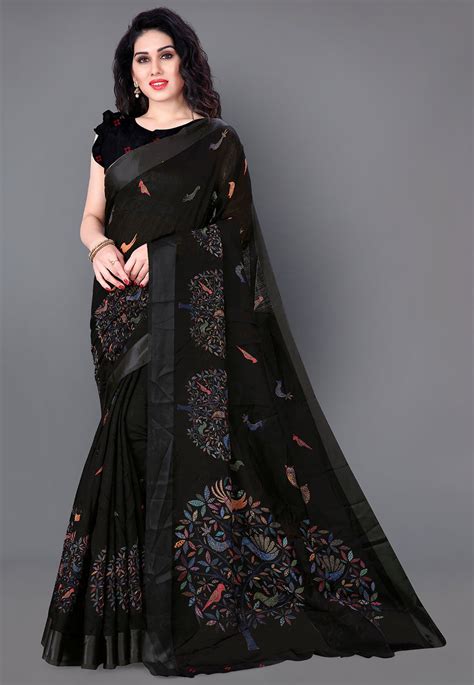 Printed Cotton Saree In Black Sbh1850