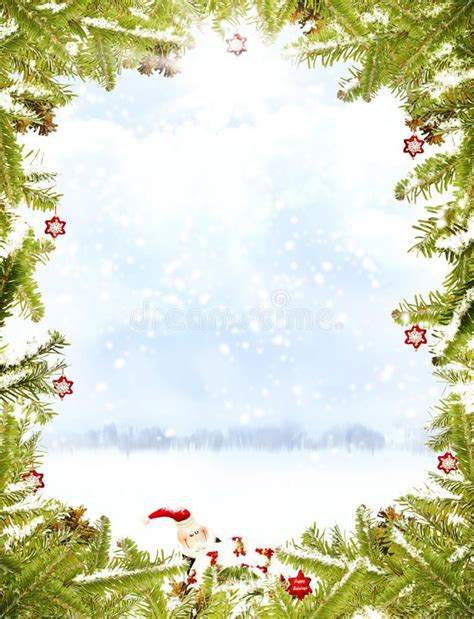 Christmas Frame Pine Branches With Christmas Snowflak Ornaments On A