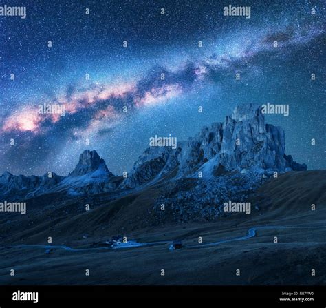 Milky Way Above Mountains At Night In Summer Landscape With Alpine