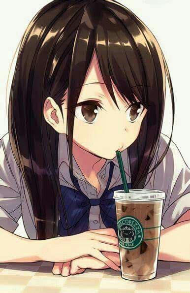 Chica Anime Con Cabello Largo Color Marron En Uniforme Tomando Un Cafe
