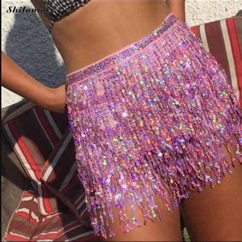 Buy Sexy Sequin Tassel Skirts 2018 Women Slim Mini Skirt Fashion Summer Beach