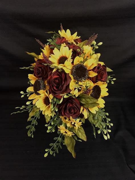 Sunflower And Red Rose Cascading Bridal Bouquet Etsy Sunflower