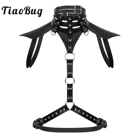 buy tiaobug men black faux leather harness belt metal rings male halter body