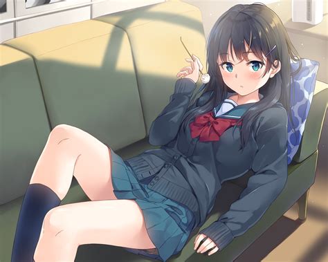 Aqua Eyes Black Hair Blush Bow Couch Kneehighs Original School Uniform Skirt Unasaka Ryou