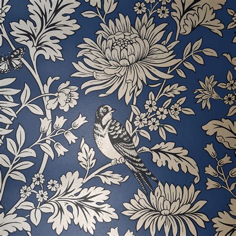 Rasch Arts Crafts Blue Gold Floral Birds Wallpaper