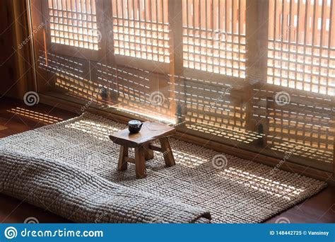 Korean Traditional Wooden Tea Table With Sunlight Stock
