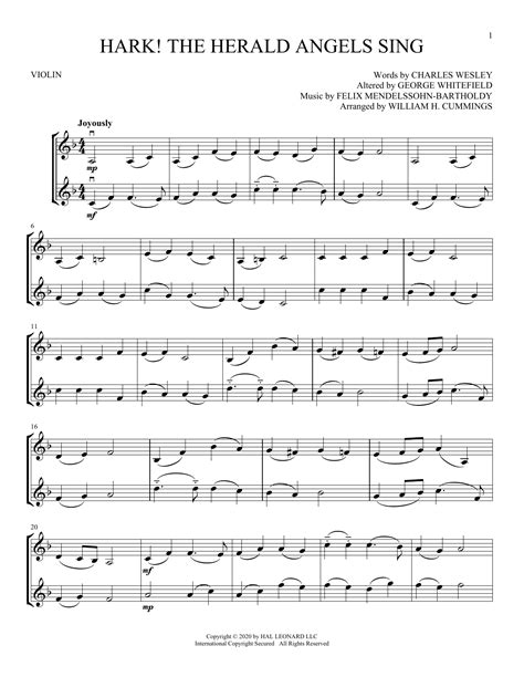 Hark The Herald Angels Sing Sheet Music Felix Mendelssohn Bartholdy Violin Duet