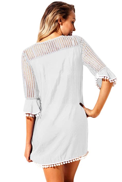 White Crochet Pom Pom Trim Beach Tunic Cover Up Mb42231 1