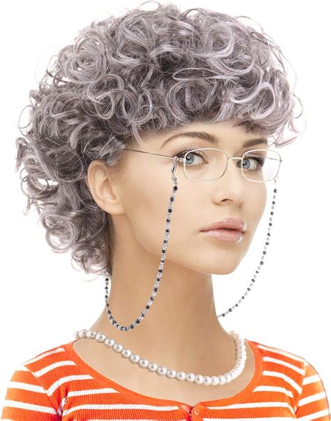 old lady costume set grandmother wig wig caps madea granny glasses eyeglass retainer chain