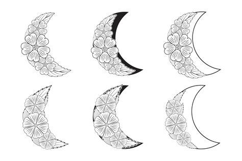 Set Of Hand Drawn Doodle Celestial Floral Moon Floral Frame Crescent
