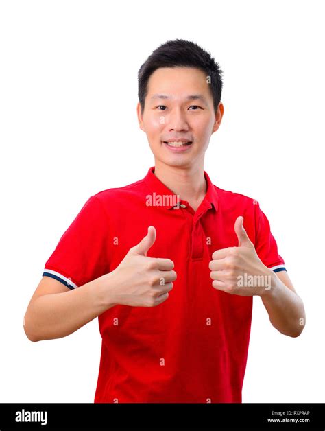 Portrait Handsome Asian Man Giving Double Thumb Up On White Background