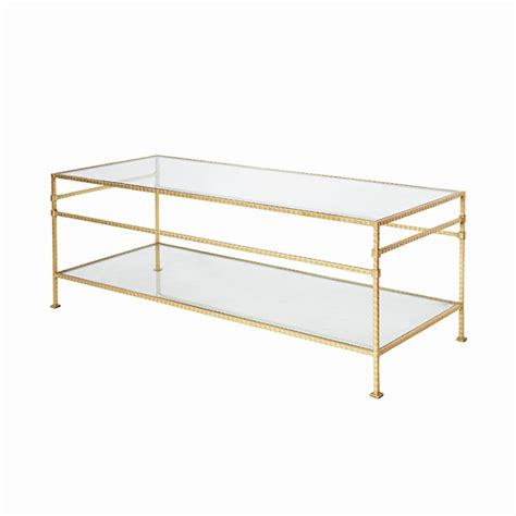 Worlds Away Two Tier Rectangular Coffee Table With Glass Top In Hammered Gold Leaf Gracious Style