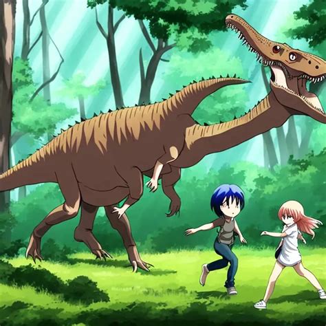 Anime Dinosaur Chasing Anime Girl In Forest Openart