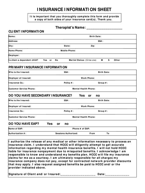 Houston Center For Christian Counseling Insurance Information Sheet Fill And Sign Printable