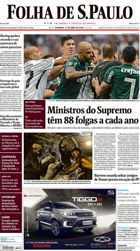 capa folha de s paulo edição domingo 1 de abril de 2018