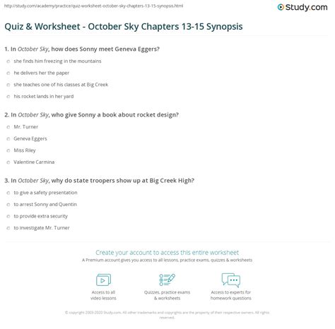 Quiz And Worksheet October Sky Chapters 13 15 Synopsis