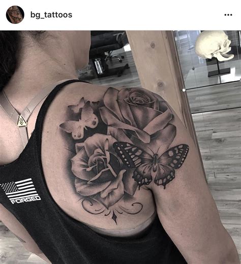Rose And Butterfly Shoulder Tattoo Rosetattoo Butterflytattoo Shouldertattoo Bg Tattoos