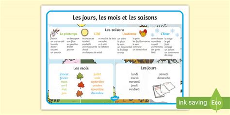 French Seasons And Months Seasons Months Days Word Mat