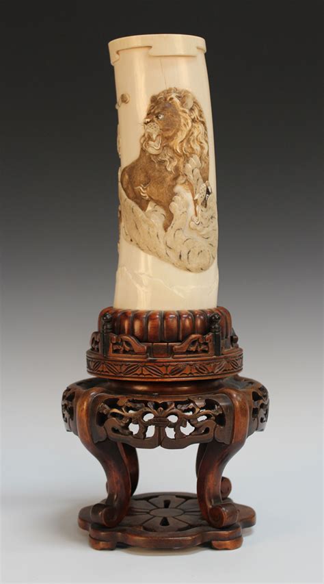 A Japanese Ivory Tusk Vase Meiji Period Carved And Stained With A