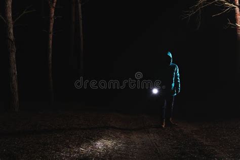 Man With Bright Flashlight In Forest Stock Photo Image Of Hike Night