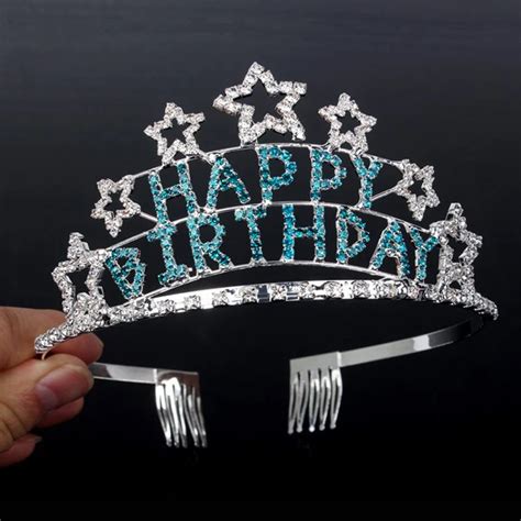 Blue Crystal Happy Birthday Tiara Crowns Star Rhinestone Princess